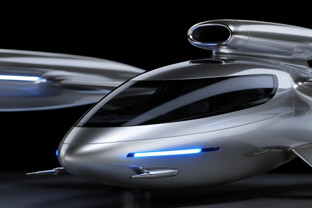 close-up of a sleek silver futuristic aircraft, smooth aerodynamic metallic fuselage, dark tinted seamless glass cockpit canopy, glowing electric blue horizontal strip lights, cylindrical overhead engine nacelle, protruding silver pitot tubes, blurred wing structure in background, pure black void, dramatic studio lighting, high contrast, glossy reflections, photorealistic industrial design render, minimalist sci-fi aesthetic
