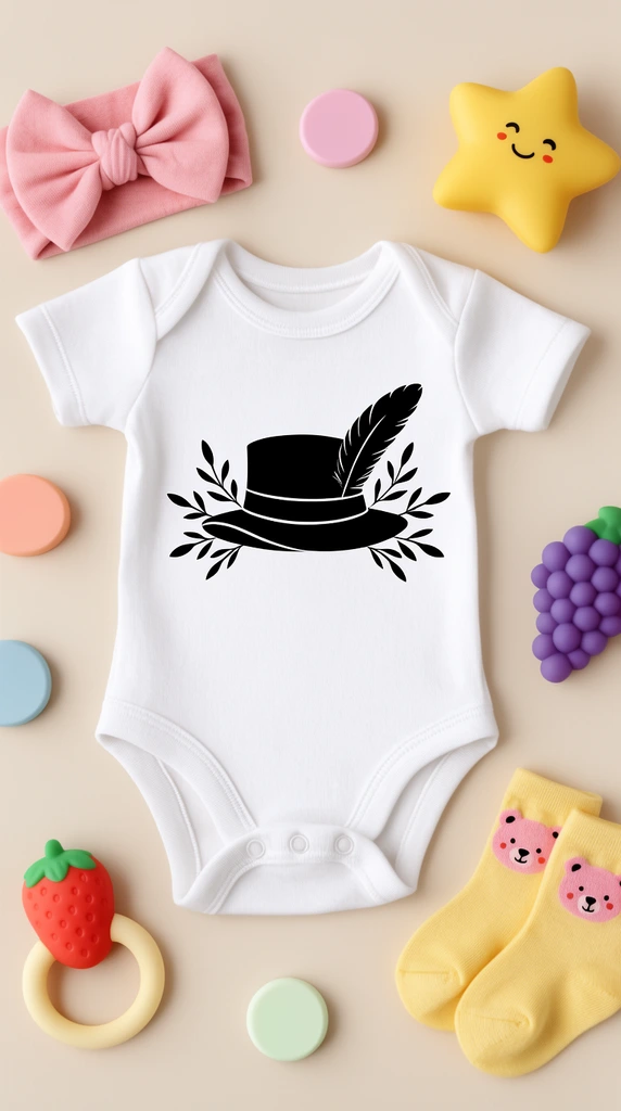 white baby onesie laid flat on a beige surface, centered black graphic of a feathered hat and leafy branches, flat lay composition of colorful baby accessories, top-down studio photography, pink bow headband, yellow baby socks with pink bear faces, smiling yellow star toy, silicone strawberry and grape teething toys, three pastel circular discs, pastel color palette, soft lighting, clean minimalist styling