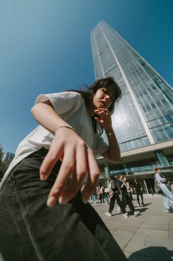 Dynamic Urban Fisheye style reference image — extreme low-angle perspective