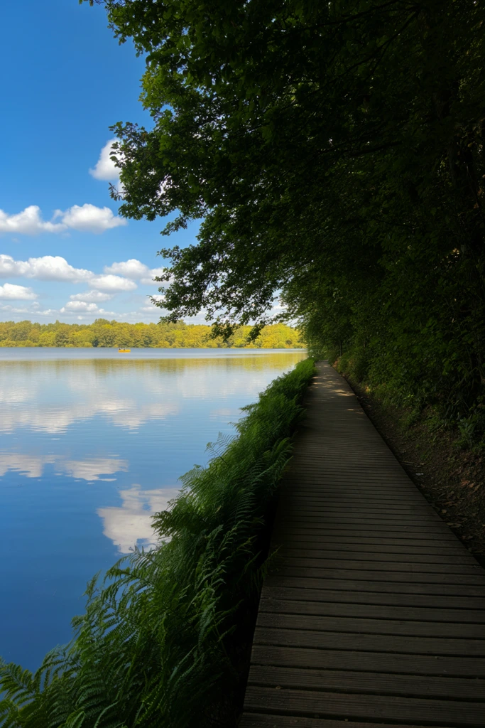A wooden boardwalk runs along the edge of a tranquil lake under a bright blue sky dotted with white cumulus clouds. Dense forest foliage dominates the right side, with thick green branches overhanging the path and casting deep shadows onto the horizontal wooden planks. Ferns form a vibrant border between the walkway and the water. The smooth surface of the lake flawlessly reflects the sky above. Across the expansive water, a continuous band of sunlit trees lines the distant shore, where a tiny yellow boat floats. Captured from an eye-level perspective with a deep depth of field, the boardwalk creates a strong leading line, highlighting the striking contrast between the dark, shaded canopy on the right and the luminous, sun-drenched water on the left.