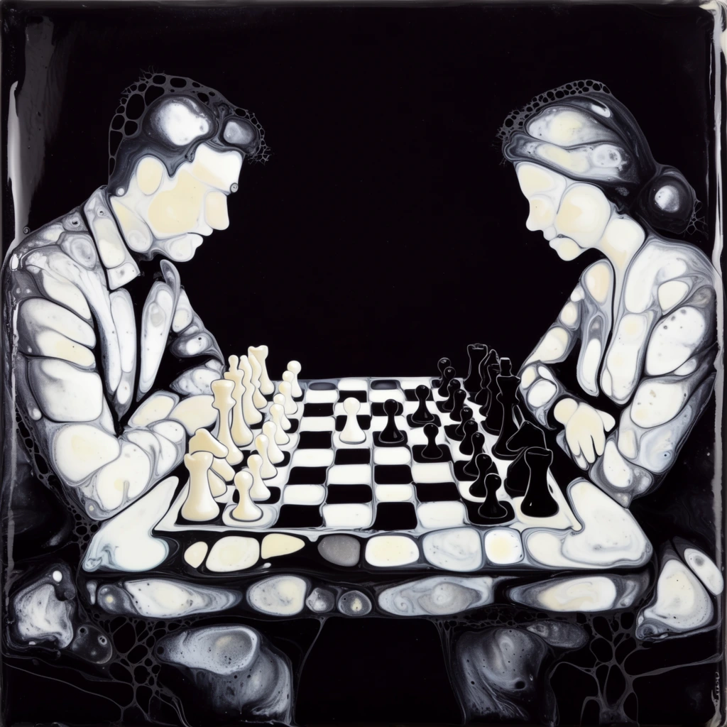 A man and a woman sitting across from each other playing a game of chess on a board, entirely formed by a high-contrast fluid acrylic pour technique. The bodies and profiles of the players consist of clustered, organic cellular blobs of milky white and pale ivory pigment suspended within a deep, opaque black liquid medium. Between them, the chessboard is a liquid, organically distorted grid of alternating black and white fluid cells, supporting chess pieces shaped as distinct, rounded droplets of high-viscosity pigment. Dendritic black liquid tendrils and thin, web-like membranes outline the edges of the figures, the table, and the game elements, separating the distinct pools of color. The scene features a wet, high-gloss resin finish typical of macro fluid dynamics, with the stark monochrome palette exhibiting intense black, bright white, and subtle creamy pale-yellow undertones within the isolated, rounded pigment pools.