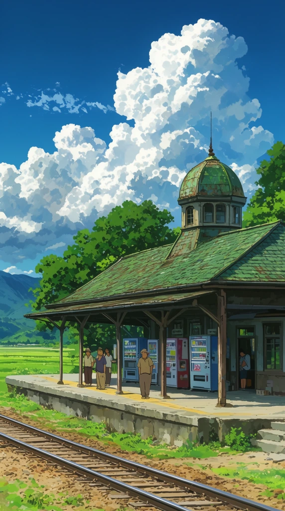Rural train station with a weathered green-tiled roof and domed cupola, figures on a concrete platform with vending machines, foreground railway tracks, lush trees, distant mountains, green fields, towering cumulonimbus clouds in a bright blue sky, anime background art style, vibrant daylight