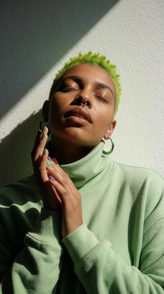 A portrait of an individual with medium-brown skin and short, vibrant lime-green textured hair standing against a textured off-white wall. They tilt their head back with eyes closed and lips parted in a serene expression. They wear a light sage-green turtleneck sweatshirt, their hands gently clasped near their chest with fingernails painted in alternating green and purple. A septum ring and large metallic hoop earrings frame their face. Strong, direct sunlight from the upper right casts sharp, deep shadows across the left side of their features and onto the background. The high-contrast directional lighting emphasizes the monochromatic green color palette and peaceful mood.