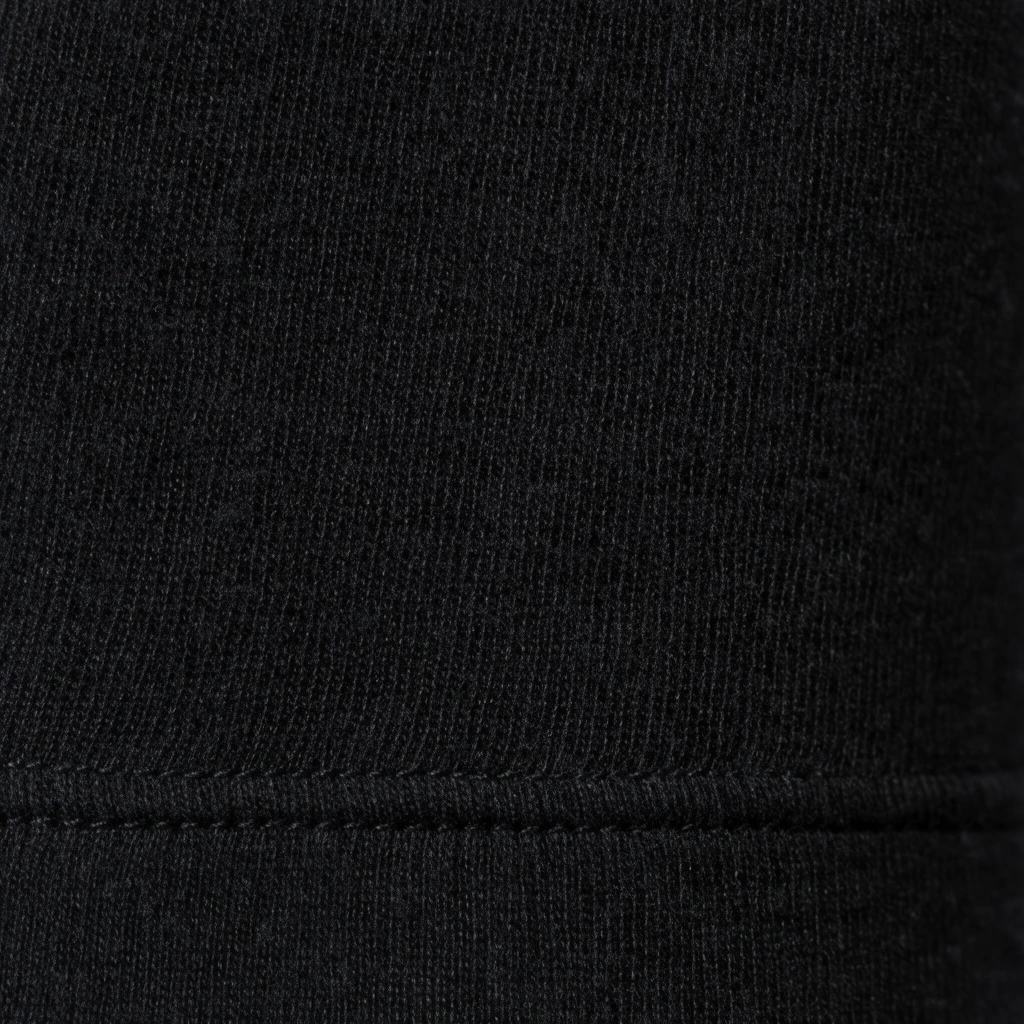 Extreme close-up of dense black cotton textile with a fine knit texture. A subtle horizontal seam is visible near the bottom edge. Studio lighting catches the microscopic fibers of the dark fabric.