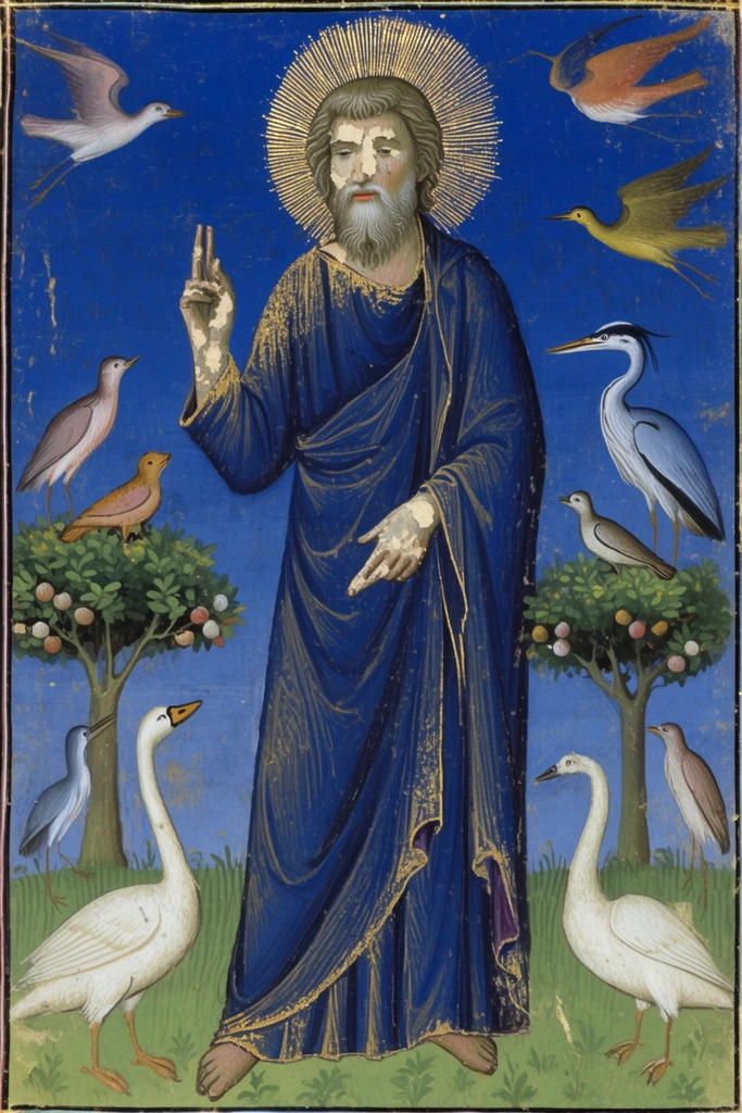 A medieval illuminated manuscript painting depicts a serene, bearded man with a golden radiating halo standing amidst diverse birds. Wearing a flowing dark blue robe with gold accents, his right hand is raised with two fingers extended while his left gestures downward. The aged artwork exhibits pale flaking on his face and hands. Swans, herons, and other stylized birds stand on a green meadow, perch in small fruit-bearing trees, and fly across a flat, deep lapis lazuli sky, rendered with classical tempera techniques, flat perspective, and a distressed historical texture.