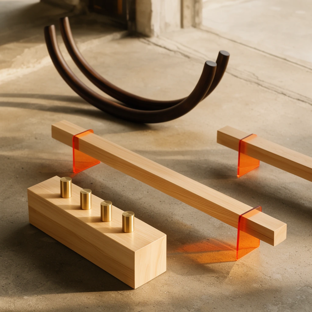 Minimalist wooden fitness equipment on concrete floor, light wood block with brass cylinders, long wooden beams on orange acrylic bases, curved dark tubular rocker, geometric design, warm natural lighting