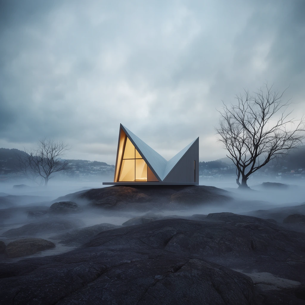 minimalist modern cabin with a sharp V-shaped butterfly roof, glowing warm yellow interior light illuminating a large triangular window, isolated on dark textured uneven rocks, dense low-lying mist rolling across a desolate coastal landscape, stark bare leafless tree silhouettes framing the structure, faint hazy hillside settlement in the background, moody overcast sky, cool blue and grey atmospheric tones contrasting with the warm indoor glow, cinematic architectural rendering, wide angle landscape shot