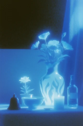 Luminous Indigo Nocturne style reference image — heavy film grain