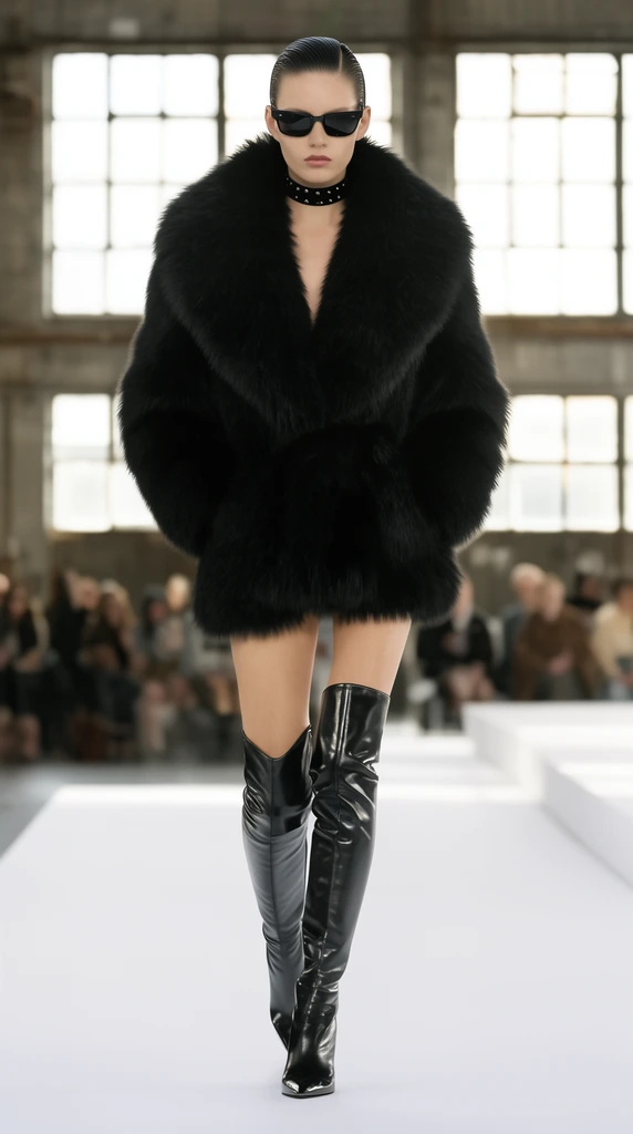 fashion model on a stark white runway, voluminous black fur coat with wide lapels, shiny black leather thigh-high boots, bare legs, dark sunglasses, black studded choker, sleek slicked-back hair, industrial warehouse setting, large grid windows illuminated by daylight, blurred audience in background, high-fashion runway photography