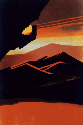 Modern Terracotta Noir style reference image — linocut print texture