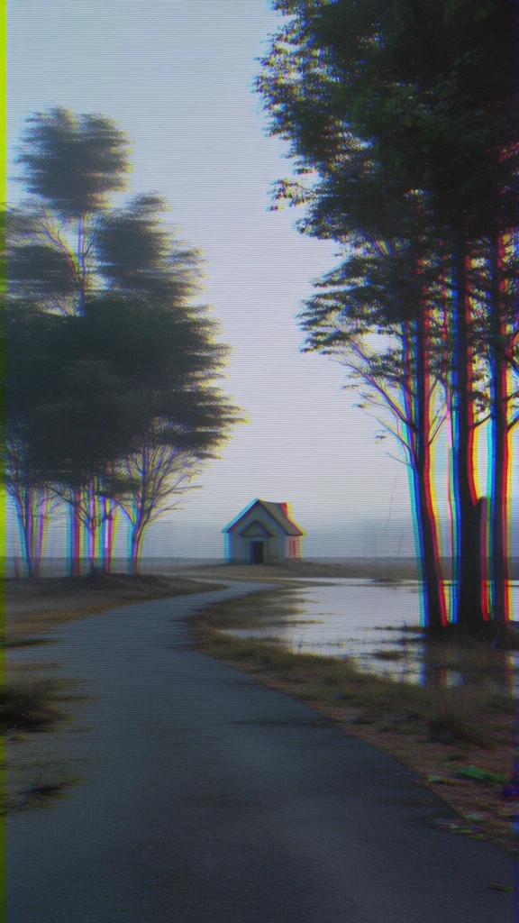 lo-fi analog vhs glitch aesthetic, a winding path beside silhouettes of trees, a still body of water, a lone isolated structure, heavy horizontal crt scan lines, chromatic aberration with cyan and magenta fringing, horizontal tracking errors, digital signal noise, muted palette with pink and yellow light leaks, deep contrast with thick black bands, grainy texture, distorted horizon, haunting atmospheric cinematography, glowing highlights, nostalgic and eerie surveillance footage feel