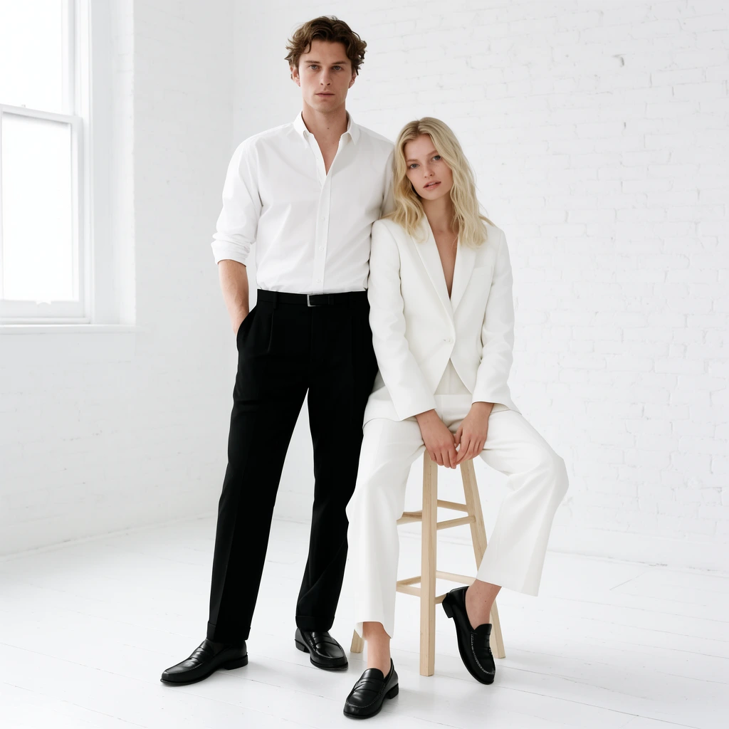contemporary fashion editorial, man and woman in a minimalist white studio, standing man in a white shirt and black trousers, blonde woman in a white suit and black loafers seated on a light wood stool leaning against him, both looking at camera, high-key lighting, white painted brick wall with window, white wooden floor, full-body shot, crisp focus