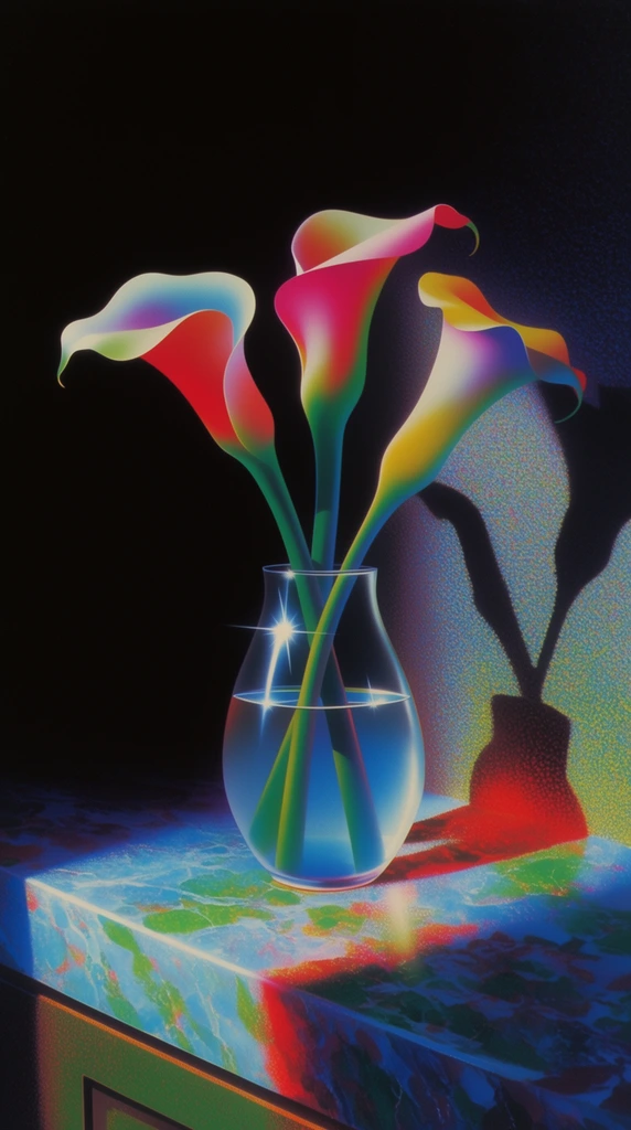 Three elegant calla lily flowers rest inside a halfway water-filled clear glass vase centered on a marble counter, rendered in a hyper-saturated, retro-futuristic airbrush illustration style. The curving stems and fluted petals feature flawless, smooth gradients in vivid, electric jewel tones, glowing intensely under a harsh, theatrical directional spotlight. The smooth glass curvature and the enclosed waterline catch this brilliant light, producing a piercing four-point starburst gleam. Below the vase, the brightly illuminated marble counter exhibits a dense, granular, stippled texture painted in luminous patches of neon cerulean, bright emerald, and fiery crimson. The intense light source casts a stark, elongated, hard-edged black shadow of the vase and floral arrangement across a highly textured section of the wall on the right. Outside the boundary of this striking directional illumination, the remaining wall and the entire surrounding background transition abruptly into a dense, solid pitch-black expanse. The visual execution utilizes extreme chiaroscuro, surreal pointillist detailing, and the high-contrast aesthetic of 1980s sci-fi fantasy artwork.