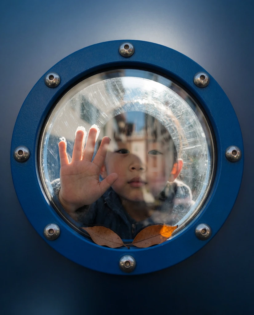 A child's face and flattened hand press against a circular acrylic porthole framed by a blue rim with silver dome bolts. Bright reflections of a building exterior overlay the child's features on the scratched glass. Two dry brown leaves rest on the bottom edge of the blue frame, set against a smooth dark blue gradient background.
