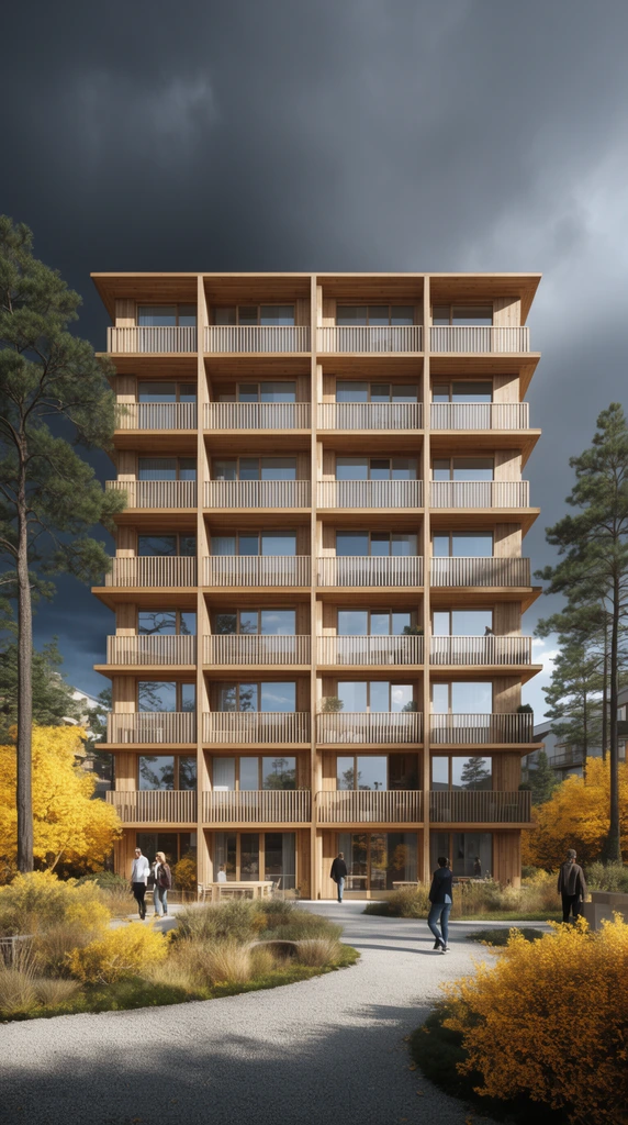 modern timber mid-rise apartment building, grid facade with wooden slatted balconies, reflective glass windows, bright sunlight against a dark stormy sky, landscaped courtyard, gravel path, yellow autumn foliage, tall pine trees, small figures strolling, photorealistic architectural visualization