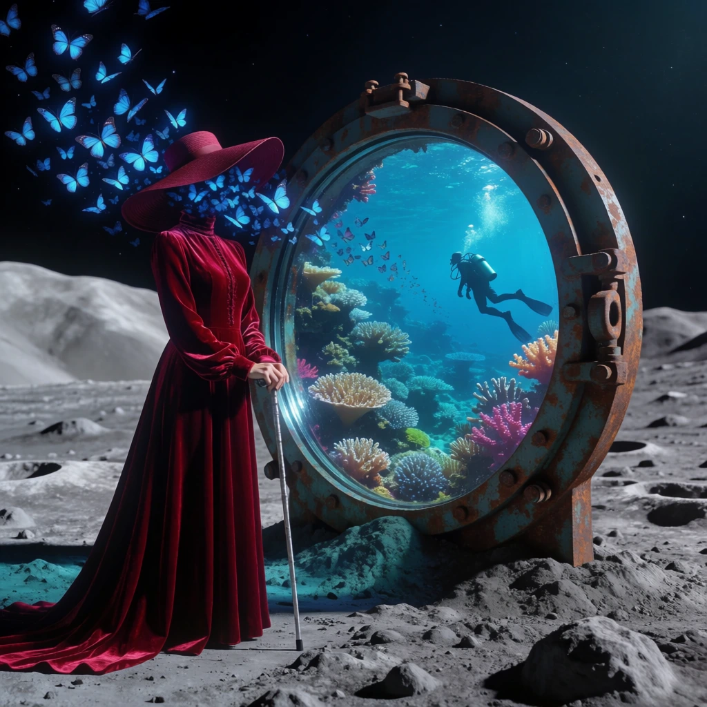 A surreal landscape featuring a woman in a flowing crimson velvet gown and a wide-brimmed sun hat standing on a rocky grey lunar surface, her face entirely obscured by a swirling swarm of glowing blue butterflies. Her hands rest on a silver walking stick. Beside her stands a massive, rusted circular porthole planted directly into the lunar dust. The porthole's glass frames a vibrant underwater reality containing a lush coral reef and the distant silhouette of a scuba diver swimming away. Rendered in highly detailed photorealistic surrealism, the cinematic lighting contrasts the rich reds and bioluminescent blues of the subject against the desolate, cratered terrain and dark starry sky.