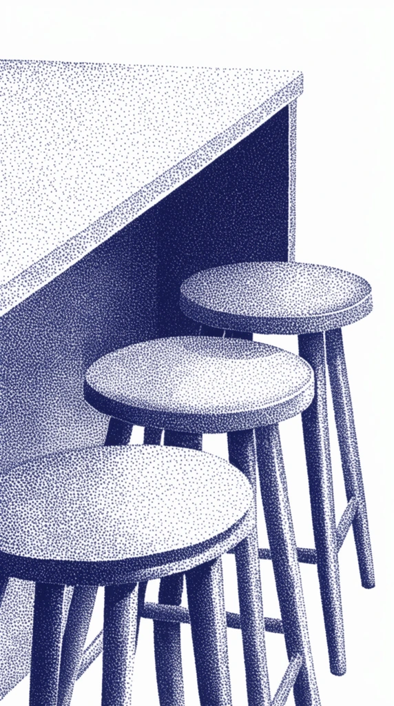 A kitchen island paired with three aligned stools, rendered entirely in a high-contrast monochromatic stippling technique. Deep navy blue dots on a stark white canvas construct the geometric forms of the scene, utilizing varying dot density to establish shading, volume, and texture. Dense clusters of indigo dots form solid, dark shadows beneath the island's countertop overhang and along the cylindrical structural legs of the stools, simulating a crisp graphic halftone effect. The flat top surface of the island and the curved seats of the stools are defined by intricate pointillism, where dot gradients transition smoothly into areas of unmarked pure white canvas to serve as bright highlights. The precise, structured dot-work creates a clean, editorial illustration aesthetic, translating domestic architectural elements into a striking arrangement of densely packed micro-patterns and sharp tonal contrasts.