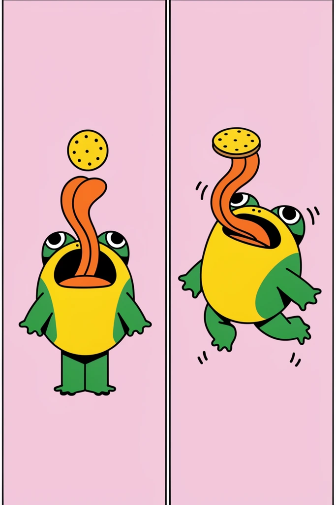 A two-panel vector illustration features a stylized yellow and green frog-like creature catching a dotted yellow cookie. Set against a solid light pink background, the left panel shows the creature standing with its mouth wide open, extending a long orange tongue toward the cookie. The right panel displays the creature mid-air, retracting its tongue to eat the cookie, surrounded by small black motion lines. The artwork uses bold black outlines, flat colors, and a minimalist comic layout.