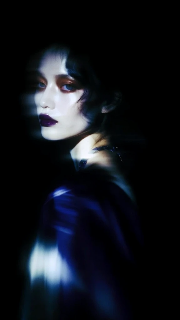moody low-key portrait, ethereal soft-focus with heavy bloom, three-quarter profile of a woman with pale porcelain skin looking over her shoulder, wearing a shimmering delicate necklace, dark wispy hair, deep purple lips, bronze eye makeup, palette of midnight blue and obsidian, dramatic chiaroscuro lighting, blurred textures of silk, cinematic grain, haunting dreamlike atmosphere, high contrast cool-toned highlights, fine art aesthetic, motion blur ghosting effect
