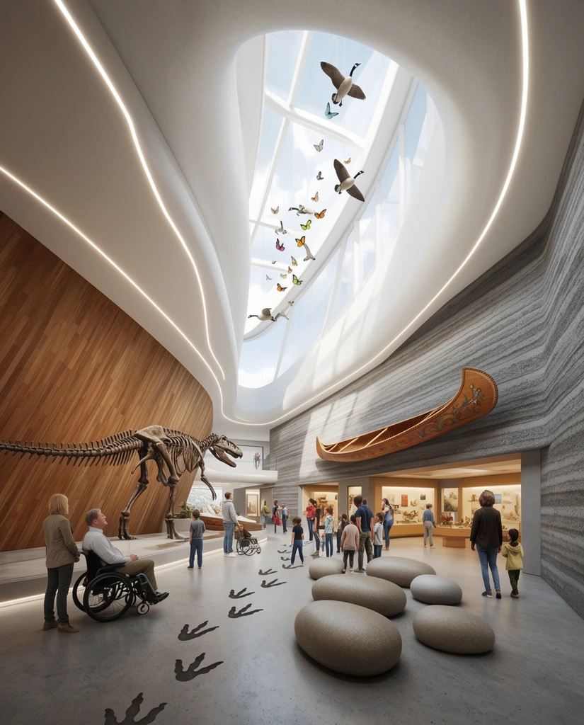 A modern museum atrium filled with visitors exploring exhibits under a massive curved skylight. A large dinosaur skeleton stands against an angled wood-paneled wall. Dark three-toed dinosaur footprints trail across the smooth concrete floor past rounded pebble-like seating benches. Modeled geese and butterflies are suspended in the bright sunlit atrium shaft above. A traditional painted wooden canoe is mounted on a textured grey wall with horizontal striations. The architecture features sweeping fluid white ceiling forms with continuous embedded strip lights. Visitors of various ages, including a man in a wheelchair, observe the displays and warmly lit recessed gallery rooms in the background. Wide-angle hyper-realistic architectural visualization with an airy palette of greys, whites, and warm woods.