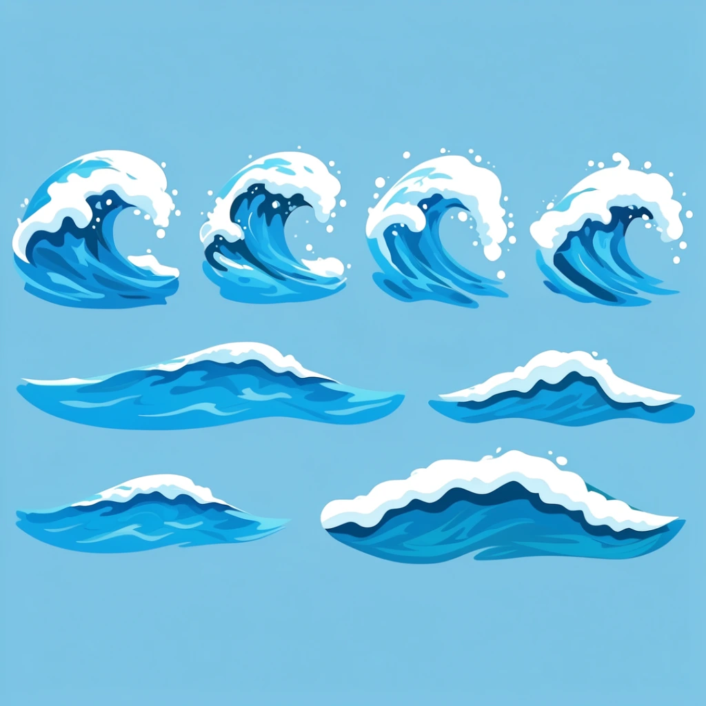 A collection of eight stylized vector illustrations of ocean waves arranged against a solid light blue background. The waves feature vibrant cerulean bodies with darker navy shadows and bright white, frothy crests. The top row displays four breaking waves with pronounced curls, dynamic arcs, and scattered white circular droplets conveying splashing motion. The bottom row contains three horizontal wave forms, including a long undulating swell, a minimal cresting ripple, and a broad rolling wave with a thick, continuous band of white sea foam. The artwork utilizes a flat graphic style characterized by smooth curves, bold color blocking, and clean edges, evoking a crisp, animated aesthetic.
