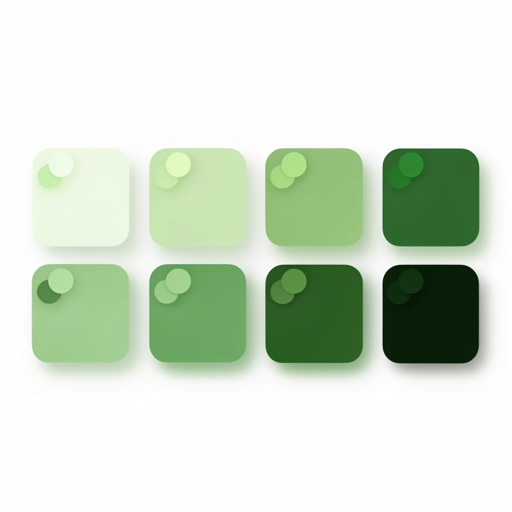eight rounded square color swatches arranged in a two-by-four grid on a pure white background, digital UI design style, progressing from very pale pastel green in the top left to deep dark forest green in the bottom right, each large square featuring two smaller overlapping circular accents in its top left corner displaying slightly lighter and darker shades of the base color, soft blurred drop shadows beneath each large square creating a floating three-dimensional layered effect, minimalist vector graphic aesthetic, clean geometric composition, modern app interface presentation