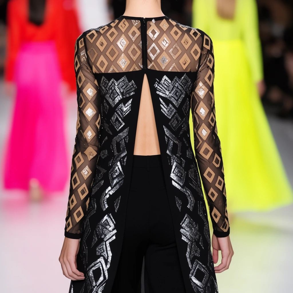 back view of fashion models on a runway, black long-sleeve dress with silver metallic geometric patterns and open back slit, sheer top with tan diamond motifs, black pants, blurred background of models in vibrant pink red and neon yellow, fashion photography, shallow depth of field, bright lighting
