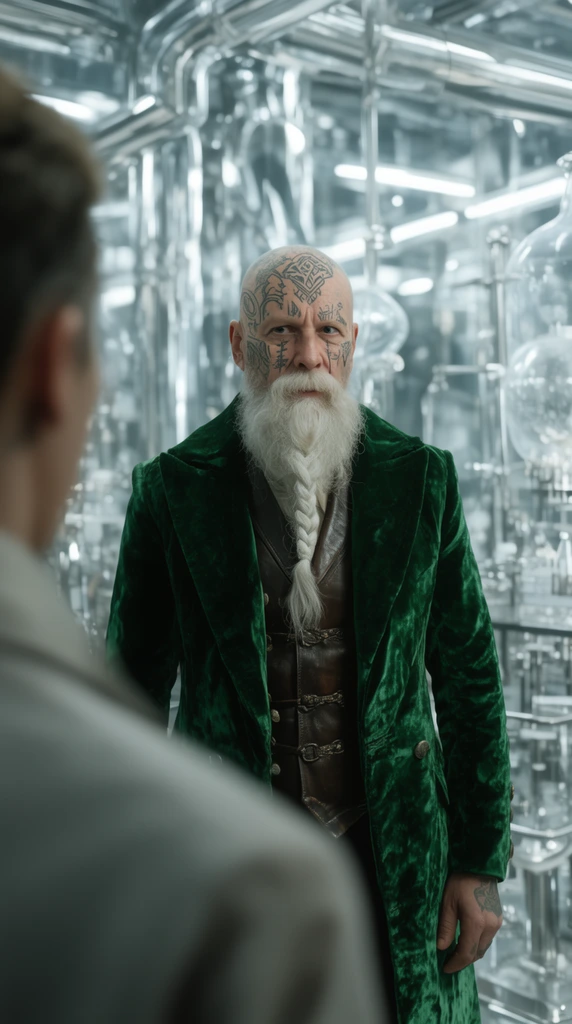 bald man with facial tattoos and braided white beard, emerald green velvet coat, dark brown leather vest, over-the-shoulder shot past blurred foreground figure, bright futuristic chrome laboratory background, cinematic lighting, shallow depth of field