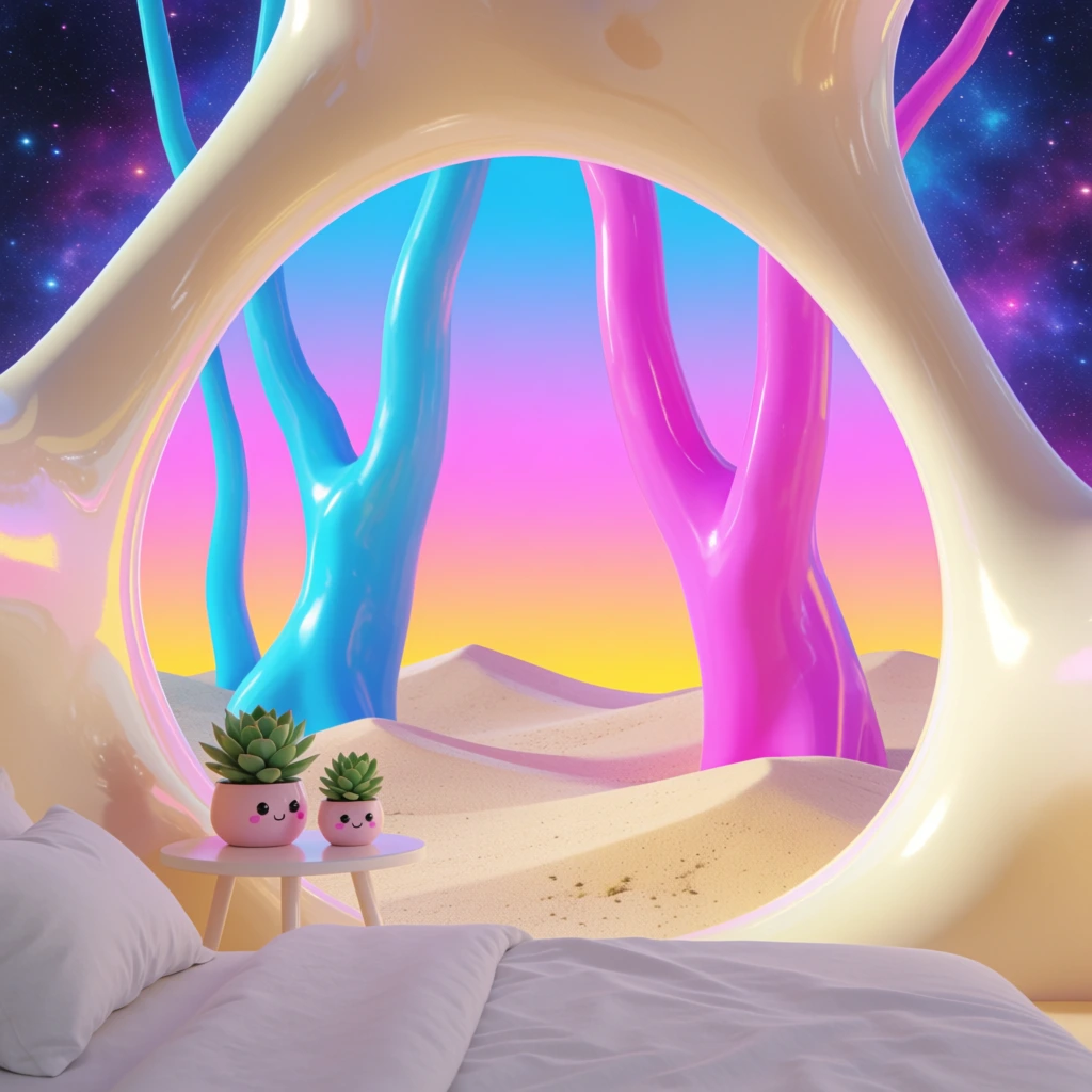glossy bulbous cream organic archway framing a surreal landscape, foreground white bed, small table with two kawaii face potted succulents, sandy dunes, smooth vibrant cyan and magenta tree trunks, neon gradient sky fading into starry cosmos, polished 3D render, vaporwave aesthetic