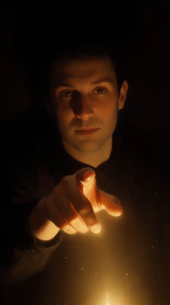 A classical chiaroscuro oil painting portrays a man emerging from a pitch-black background, pointing his index finger directly at the viewer, illuminated by an intense, warm, golden light source radiating from just below the frame. The man occupies the center of the composition, framed from the chest up, with his arm extended forward. His hand and the pointing index finger are sharply foreshortened, catching the brightest, most ethereal amber glow of the unseen light. This intense illumination sweeps upward to cast a soft, luminous warmth across his face, highlighting his skin with smooth transitions while creating heavy, dramatic shadows within his eye sockets and beneath his jaw. His dark clothing fades seamlessly into the engulfing, pure black abyss of the environment, anchoring the isolated figure in deep shadow. The aesthetic mimics 17th-century tenebrism, utilizing extreme high-contrast lighting, a rich color palette of deep umbers, glowing golds, and profound blacks, alongside masterful, softly blended oil brushwork. Tiny, luminous dust motes float faintly in the warm air around his illuminated hand, adding a magical, hushed atmosphere to the tightly framed, intimate perspective.
