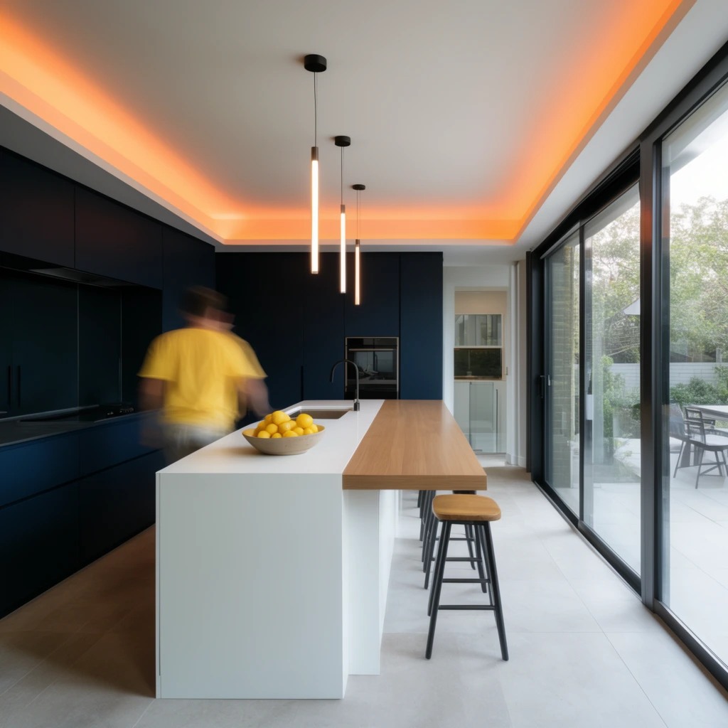 modern minimalist kitchen, dark navy cabinetry, white island with extended wood counter, bowl of yellow lemons, blurred figure in yellow shirt in motion, slim cylindrical pendant lights, warm orange cove ceiling lighting, sliding glass doors to outdoor patio, light grey tile floor, architectural photography