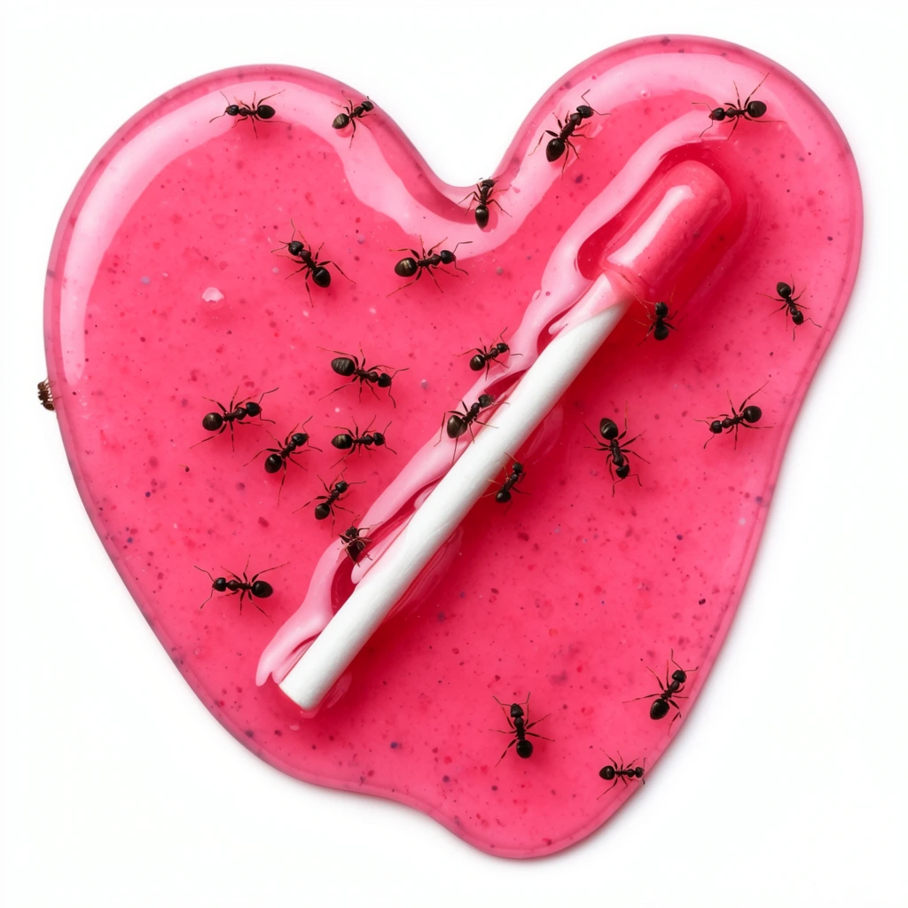 melted pink candy puddle shaped like a heart, white lollipop stick resting diagonally inside the viscous pool, glossy translucent pink liquid containing tiny dark speckles, swarm of small black ants crawling across the sticky bright pink surface, pure white isolated background, top-down macro photography, bright studio lighting, sharp focus, high contrast between vibrant pink syrup and dark insects, brilliant specular reflections highlighting the wet texture