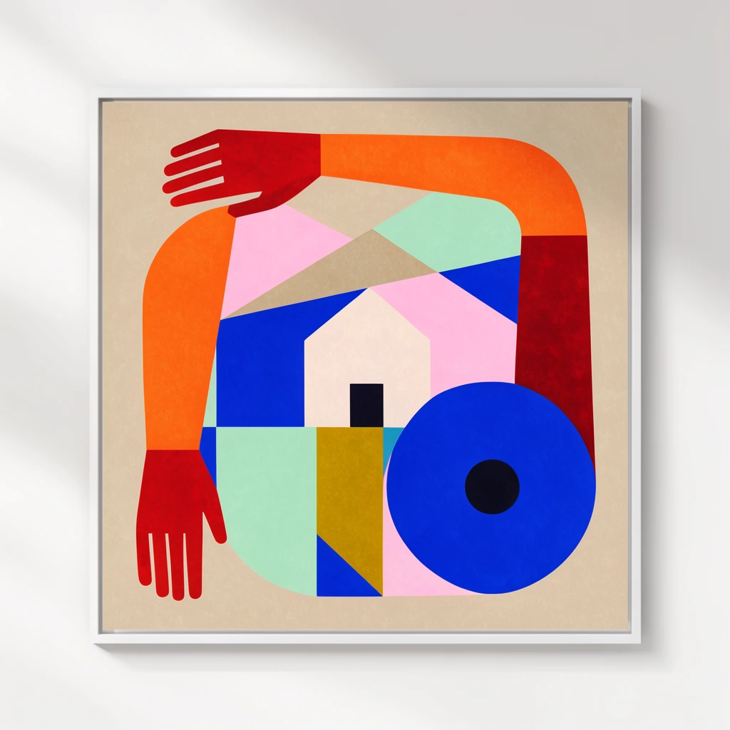 framed abstract geometric painting on a white wall with soft diagonal shadow, bold constructivist artwork, flat interlocking shapes, subtle grainy texture, bright orange and deep red stylized arms forming an arch, central pale house shape with dark doorway, overlapping polygons, vivid palette of cobalt blue pastel pink mint green and mustard on sand beige, large blue disc with black center, minimalist white gallery frame