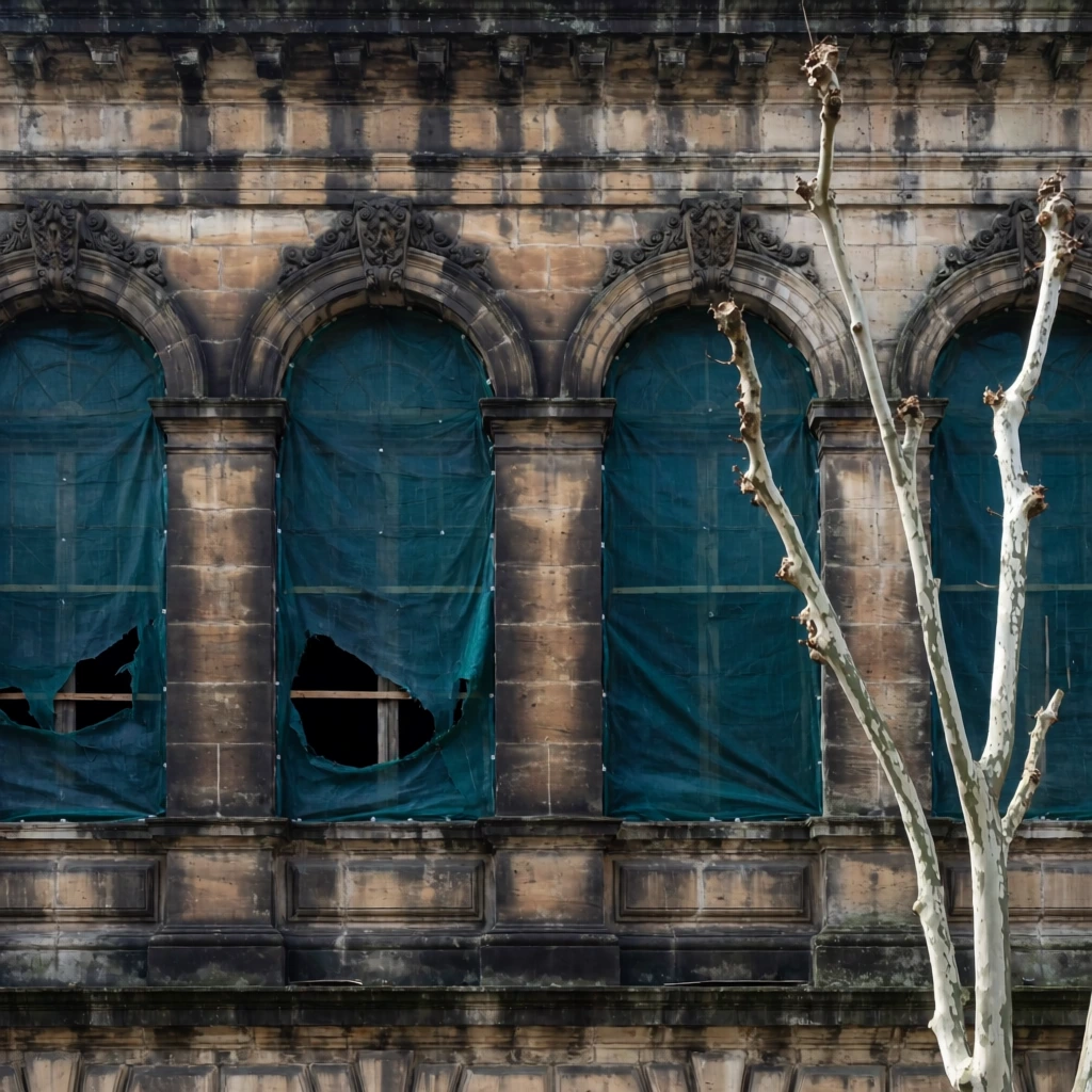 A weathered classical stone facade features four tall arched windows covered in dark teal construction mesh. The brown and grey masonry displays heavy aging, prominent dark staining, and vertical streaking water marks. The windows are sealed with the blue-green tarp containing jagged rips that reveal dark interior voids, particularly on the left side. Ornate carved keystones crown each arch above a horizontal stone band with raised rectangular blocks. In the right foreground, the pale, mottled branches of a leafless tree stretch upward, cutting vertically across the rightmost windows. The flat, straight-on architectural elevation is captured under soft, overcast lighting, highlighting the strong contrast between the grimy earth tones of the ornate stone, the vibrant deep teal window coverings, and the stark white bark of the bare tree.