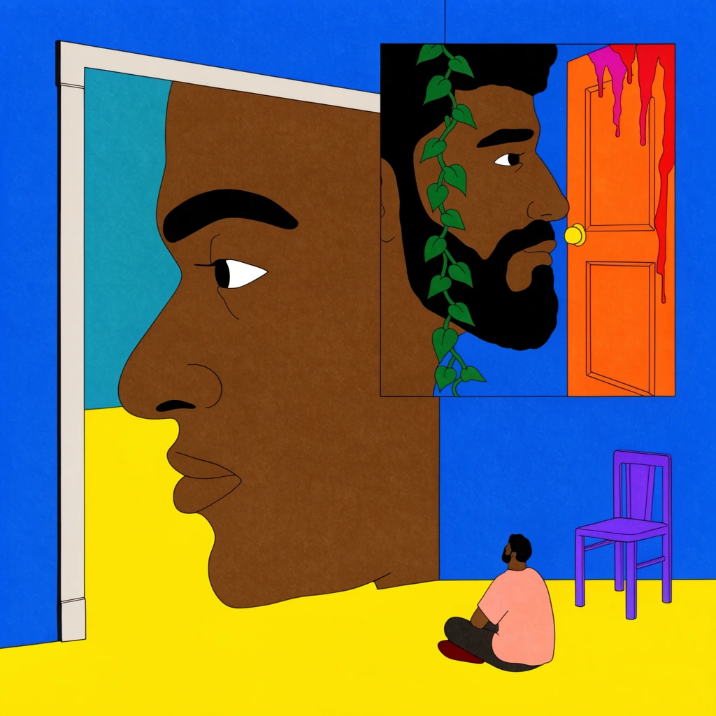 A surreal 2D illustration shows a giant brown-skinned profile framed in a doorway overlapping a smaller inset of a bearded man with a climbing vine and dripping orange door. A tiny figure sits on a bright yellow floor facing the faces next to a purple chair. Flat colors and grainy textures complete the blue room.