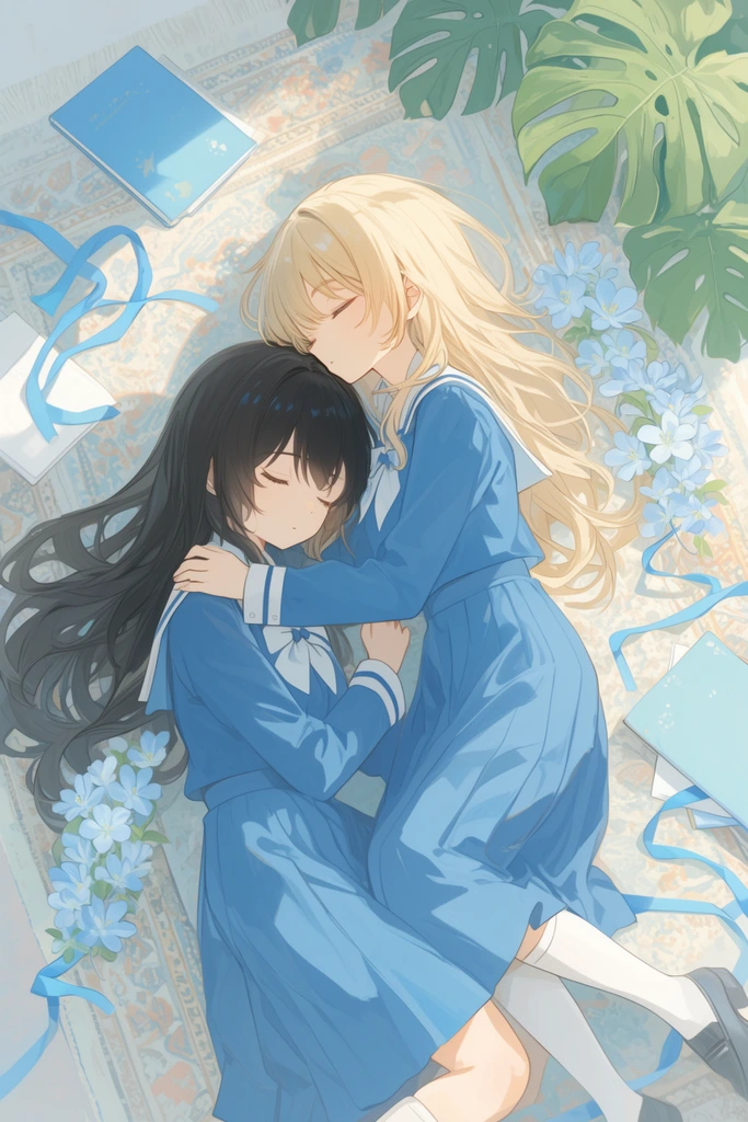 Top-down view of two girls in blue uniforms lying on a patterned rug. A blonde girl gently holds a dark-haired girl sleeping on her shoulder. Sunlight illuminates scattered notebooks, winding blue ribbons, pale blue blossoms, and monstera leaves in a soft pastel anime style.