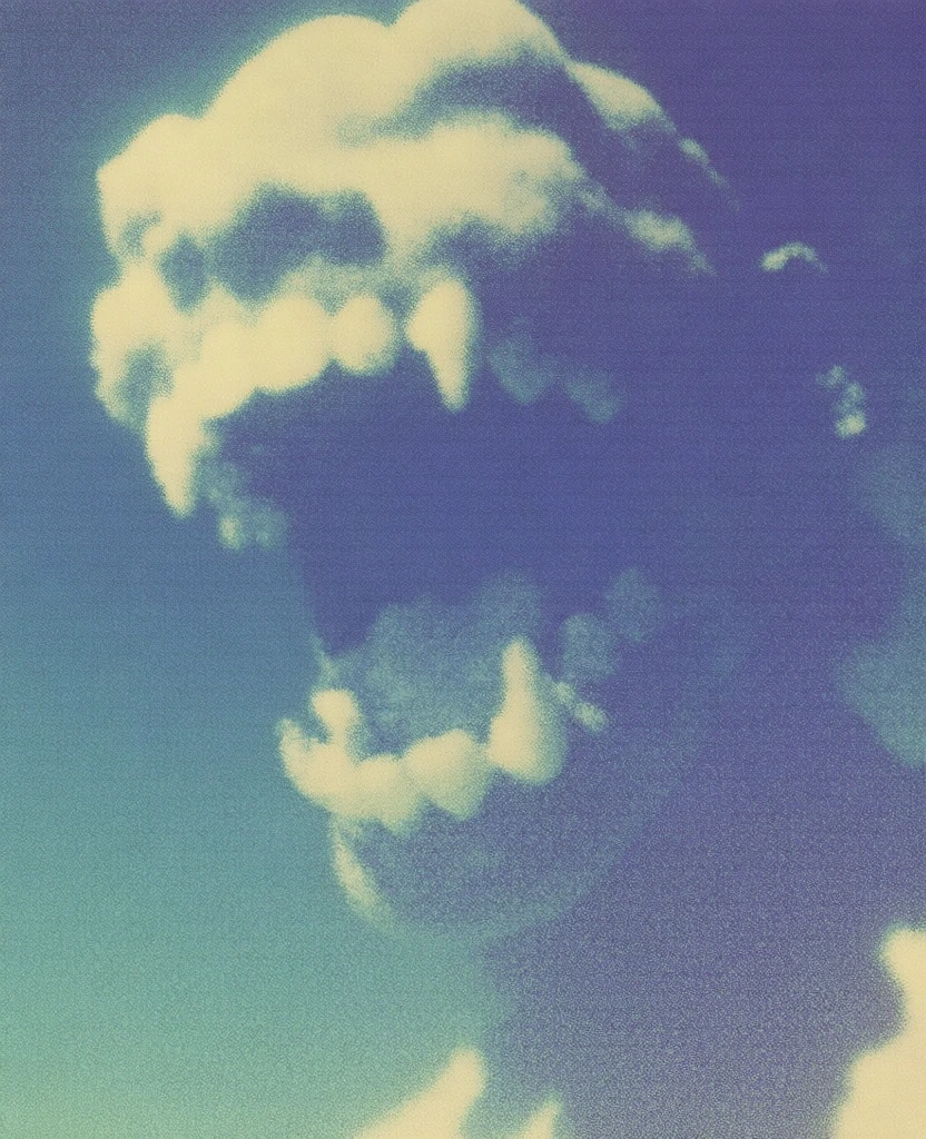 a monstrous entity with a wide gaping mouth and jagged teeth, rendered in a heavy lo-fi aesthetic, thick high-frequency digital noise, stippled color grain, soft-focus silhouettes, hazy ethereal atmosphere, tri-tone palette of deep periwinkle and teal gradients, highlights in pale sulfur yellow, surreal retro-analog photography, low dynamic range, 1970s film stock, vintage xerox quality, nostalgic hauntology, flat lighting with soft glowing edges