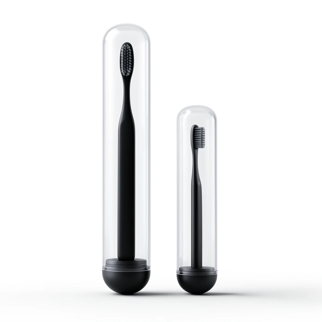 tall and short matte black toothbrushes standing upright, enclosed in clear cylindrical capsules with black dome bases, minimalist product photography, stark white background, soft studio lighting