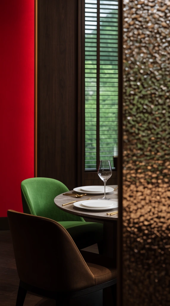 A luxurious dining setup partially obscured by a textured bronze foreground screen. A round table holds white dinnerware, gold cutlery, and a wine glass, surrounded by green and brown upholstered chairs. Background details include dark wood paneling, a vivid red accent wall, and window blinds revealing green trees. The architectural framing and warm lighting create an intimate, elegant interior.