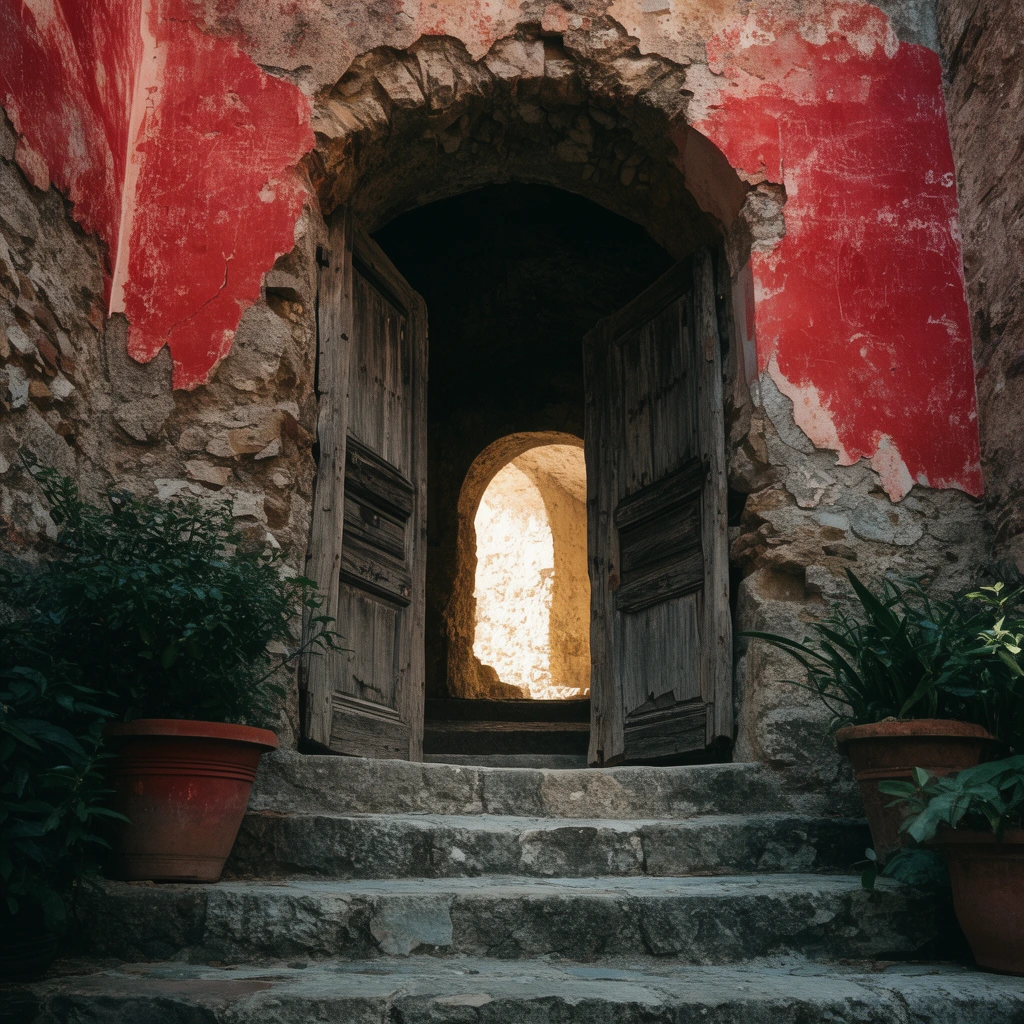 Stone steps ascend to a crumbling archway with heavy, open wooden doors. Peeling red plaster exposes rough stone walls. Potted plants flank the stairs. Beyond the shadowed entrance, bright sunlight illuminates a distant inner arch, creating striking cinematic contrast.