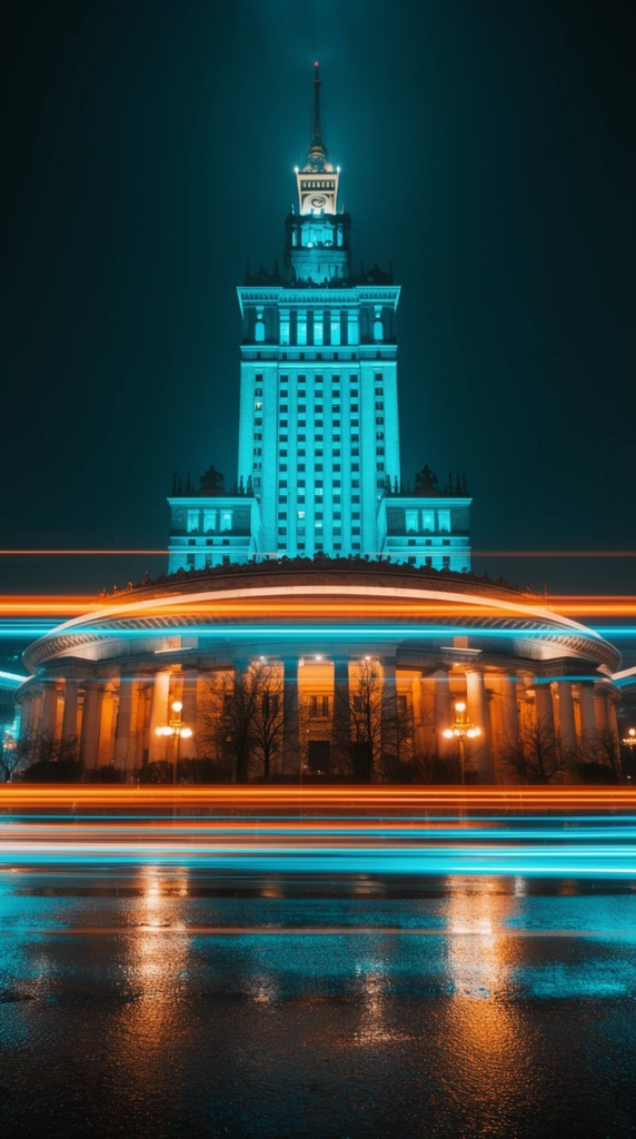 A towering skyscraper illuminated in vibrant cyan rises symmetrically from a massive, curved colonnade bathed in warm golden light against a dark night sky. Brilliant horizontal long-exposure light trails in neon orange and bright cyan streak entirely across the foreground, blurring the lower architecture. Silhouettes of bare trees and ornate glowing street lamps line the base. Below, a dark, rain-slicked asphalt street vividly reflects the glowing neon trails and architectural lights, creating a highly cinematic urban landscape defined by a striking teal-and-orange color contrast.