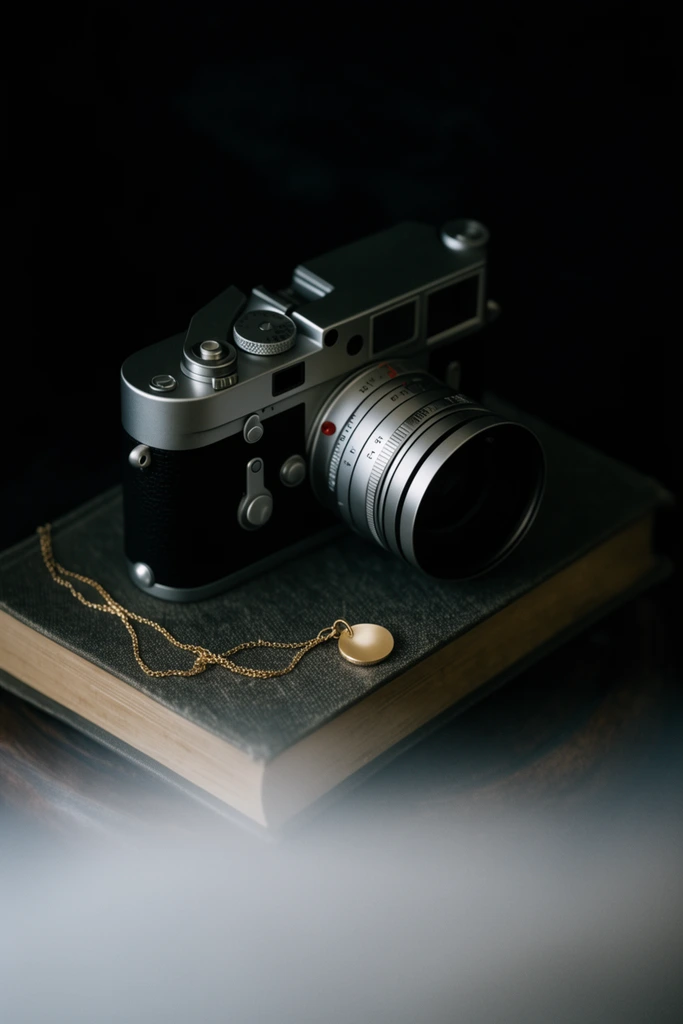 A silver and black rangefinder camera sits on a thick cloth-bound book beside a delicate gold chain necklace with a round pendant. Moody, low-key lighting highlights the metallic camera dials and jewelry against a deep black background. A soft white mist obscures the bottom foreground. The still-life composition uses a shallow depth of field, creating a dark, atmospheric scene.