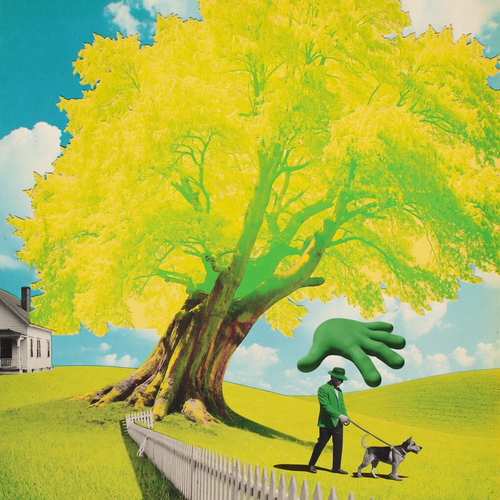 surrealist analog paper collage, 1960s vintage magazine print aesthetic, hand-cut scissor edges, gargantuan luminescent tree with acid-yellow leaves towering over the frame, surreal scale distortion, a tiny man and dog walking in the foreground, saturated chartreuse rolling hills, heavy halftone grain, pulp paper texture, flat inconsistent lighting, vibrant cyan sky with fluffy cut-out clouds, pop-art surrealism, saturated neon-green shadows, high-contrast triadic color palette.