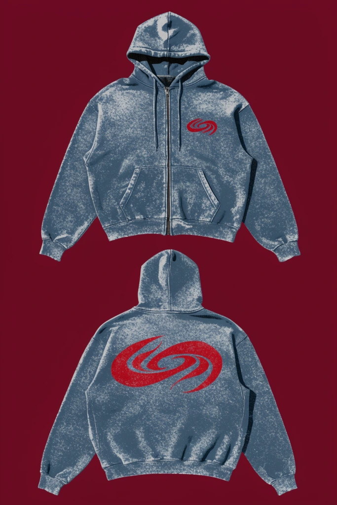 Two flat lay views of a distressed slate blue zip-up hoodie against a solid deep burgundy background. The top front view details a hood, drawstrings, central zipper, split kangaroo pocket, and a small red graphic on the left chest. The bottom rear view reveals a large sweeping red graphic across the back. The entire composition features a gritty stippled halftone texture resembling a vintage distressed screen print.