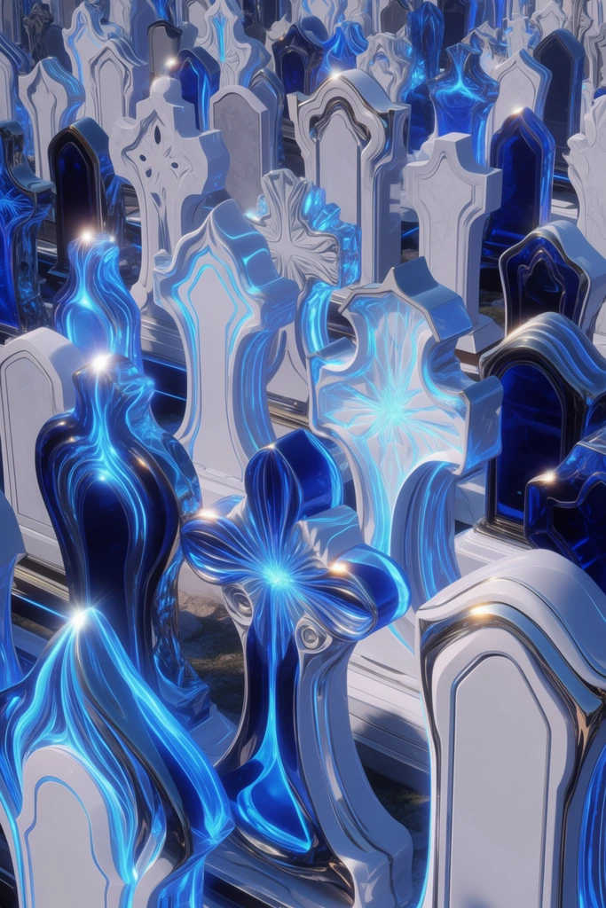 A dense, tightly packed cluster of overlapping gravestones and monuments fills the entire frame, rendered in a hyper-futuristic, high-gloss digital art style. The varied-shaped markers feature sweeping, bio-mimetic curves, intricate geometric paneling, and layered forms constructed from pristine, polished white materials and reflective sapphire-blue glass. Brilliant, luminous cyan light radiates from the fluted edges, intricate veins, and internal structures of each monument, casting a vibrant, glowing bloom effect across the crowded composition. Intense specular highlights and sharp starburst lens flares gleam off the smooth, chrome-like accents and crystalline peaks of the tightly layered markers. Deep ultramarine shadows contrast sharply with the stark white surfaces and neon blue illumination. Small gaps between the closely clustered futuristic headstones reveal narrow slivers of ground, bathed in the ambient radiant light of the overarching luminous structures. The overall aesthetic matches a hyper-detailed, 8k resolution 3D concept render, defined by crisp edges, flawless glossy textures, intricate fractal-like overlapping silhouettes, and an ethereal, high-contrast twilight atmosphere.