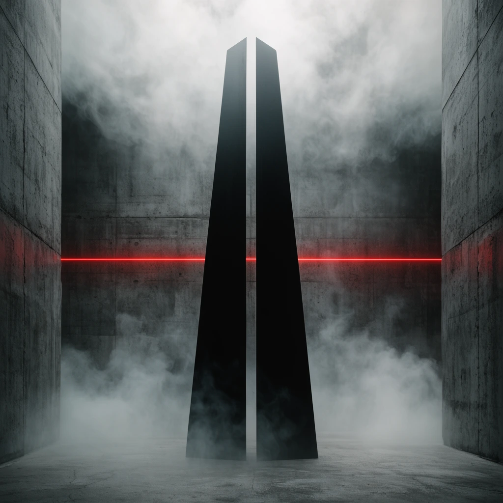 A towering, matte black double-tapered monolith stands in a brutalist concrete corridor filled with swirling white smoke. A sharp red laser beam cuts horizontally across the textured grey back wall. Thick fog obscures the ceiling and floor, highlighting the sleek, centrally bisected geometric structure under moody, diffused cinematic lighting.