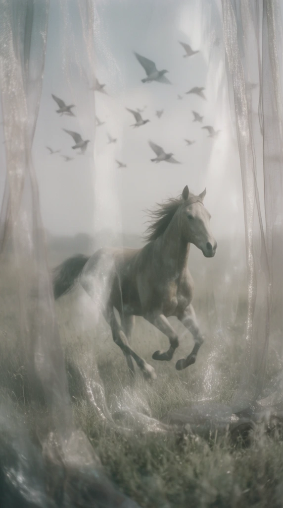 A galloping horse running through a grassy field beneath a scattered flock of birds in flight, captured with a deeply hazy, ethereal medium-format film photography aesthetic. The dynamic horse and the surrounding landscape are rendered in a highly muted, desaturated color palette of silvery greys, pale taupes, and cool, washed-out sage greens. The entire scene is viewed through sheer, diaphanous layers of translucent fabric and frosted optical veils hanging vertically in the very foreground, partially obscuring the animal and the field with soft physical distortions and hazy light bleeds. Soft, heavily diffused low-contrast illumination bathes the environment, catching subtle, glimmering highlights across the composition that mimic the texture of fine organza or metallic threading. The overhead flock of birds fades softly into a luminous, low-contrast overcast sky filtered by the intervening translucent layers. A precise shallow depth of field blurs the textured foreground veils and the distant atmosphere, resolving the image with a fine silver film grain, delicate focus falloff, and a moody, high-fashion editorial finish.