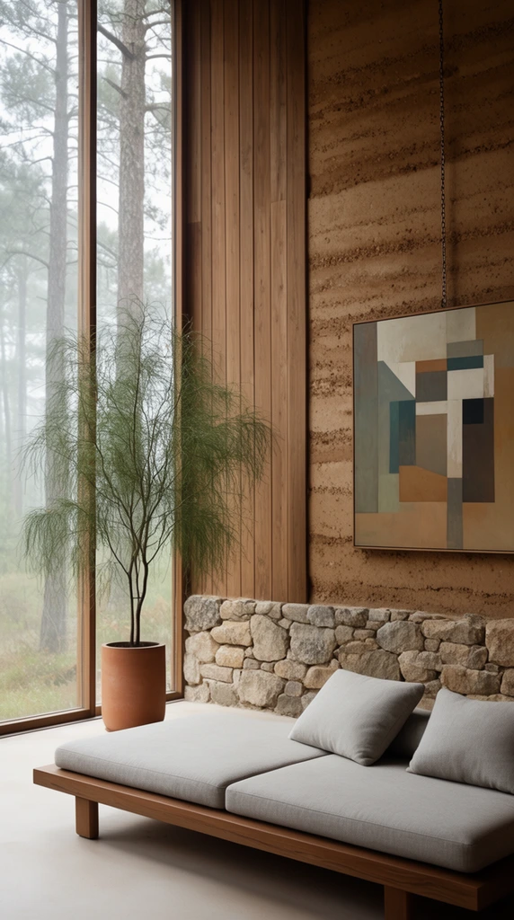 A minimalist interior featuring a textured rammed earth wall framed by a rustic stone base and vertical wood paneling. Expansive floor-to-ceiling windows reveal a misty pine forest, casting soft diffused daylight across a smooth pale floor. A tall delicate plant with wispy green foliage stands in a cylindrical terracotta pot near the glass. A sleek armless daybed with light grey cushions occupies the foreground. An abstract geometric painting hangs from a chain on the earthen wall. The tranquil architectural photography highlights an earthy palette of warm browns, soft greys, and muted greens.