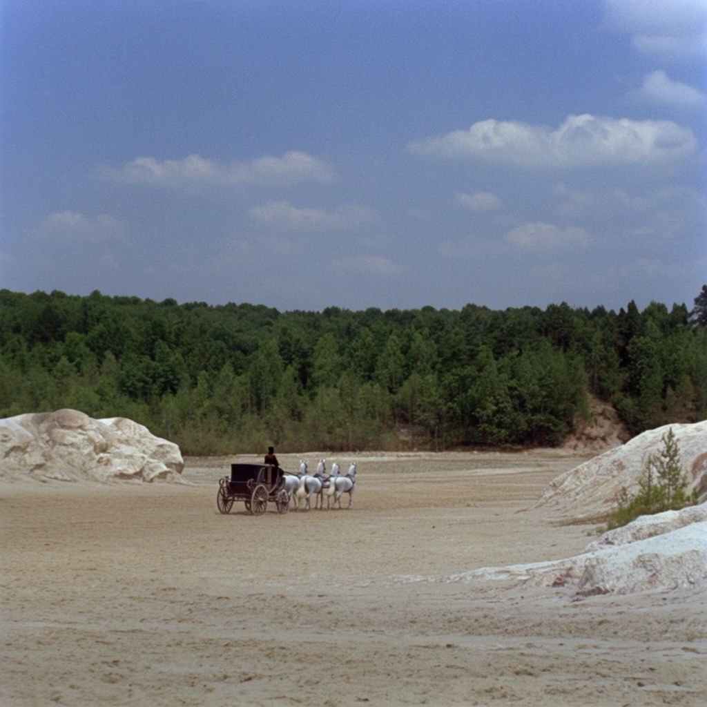 distant dark carriage pulled by four white horses across a barren sandy expanse, pale rocky outcroppings, approaching a dense green forest treeline, expansive blue sky with scattered clouds, cinematic wide shot, vintage 35mm film aesthetic, natural daytime lighting