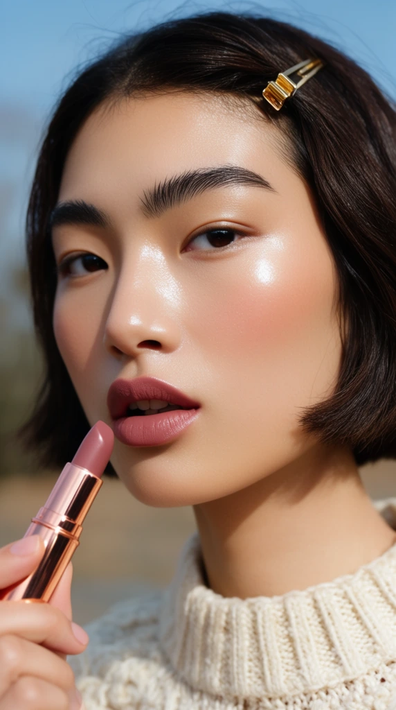 Close-up beauty portrait of a young East Asian woman, short dark brown bob haircut, gold hair clip, thick natural eyebrows, luminous glowing skin with soft peach blush, slightly parted mouth, holding an open metallic rose-gold lipstick tube near her lower lip, dusty rose lipstick shade matching her lips, cream-colored ribbed knit sweater with a textured collar, bright natural daylight, outdoor setting, heavily blurred blue sky and earthy background, shallow depth of field, sharp focus on facial features, catchlights in dark eyes, high-end fashion editorial photography